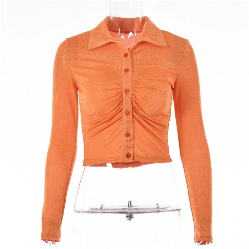 Articat Autumn Long Sleeve Buttons Ruched T-Shirts Women Sexy Turn-Down Collar Slim Crop Tops Femme Fashion High Street T Shirt