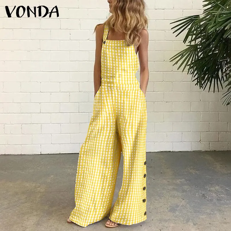 VONDA Women Jumpsuits 2022 Summer Wide Leg Full Length Sexy Sleeveless Vintage Checked Plaid Suspenders Playsuits Long Overalls