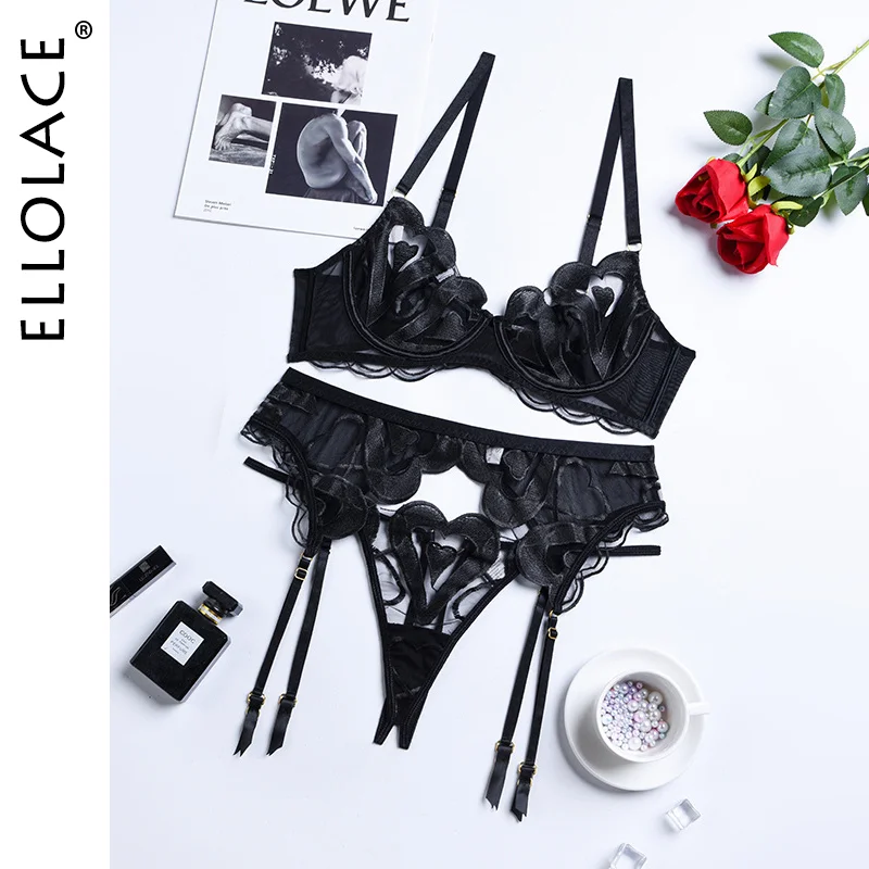 Billionm Ellolace Sexy Lingerie Luxury Lace Embroidery Fancy Underwear 3-Pieces Pushup Sex Bra And Briefs Set  Transparent Erotic Thongs