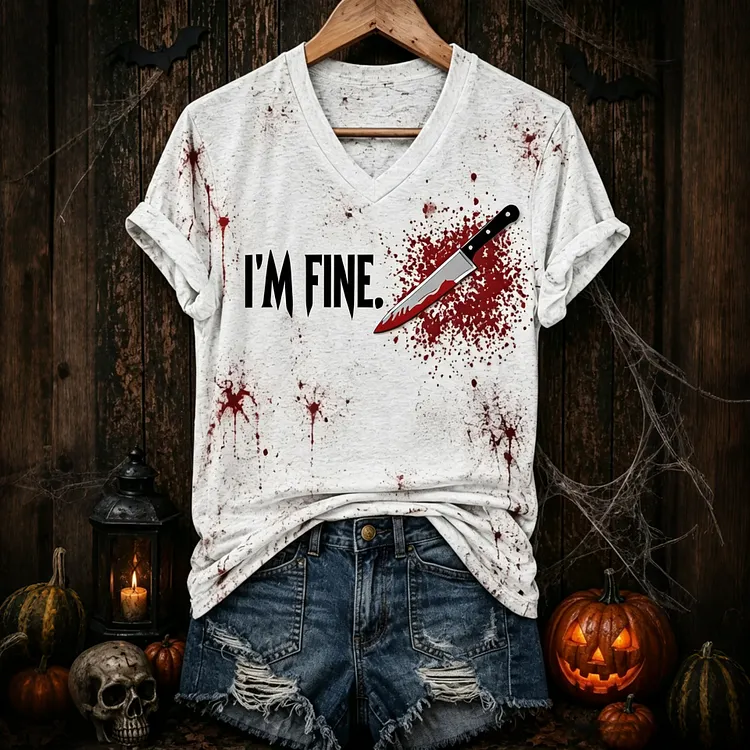 Women's Halloween &ldquo;i&rsquo;m Fine&rdquo; Graphic Print V-neck T-shirt