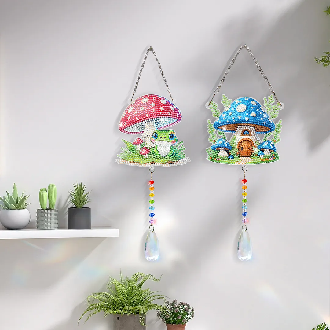 2Pcs Mushroom House DIY Double-Sided Diamond Painting Hanging Kits Diamond Painting Suncatcher Craft Kit for Home Garden Wall Decor Gift