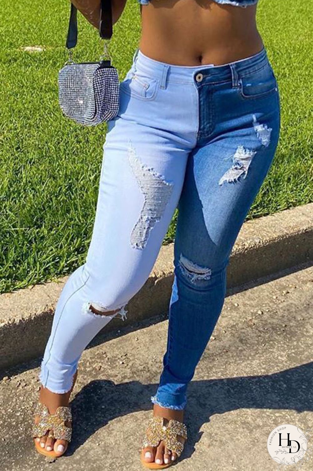 Baby Blue Work Daily Solid Make Old Split Joint Mid Waist Regular Denim