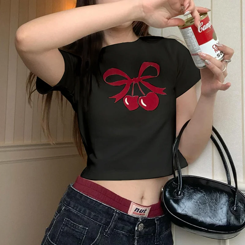 Wongn And Lovely Cherry Bow Printed Round Collar Basic T-Shirt Girls Wear A New Style Of Simple Blouse In Summer