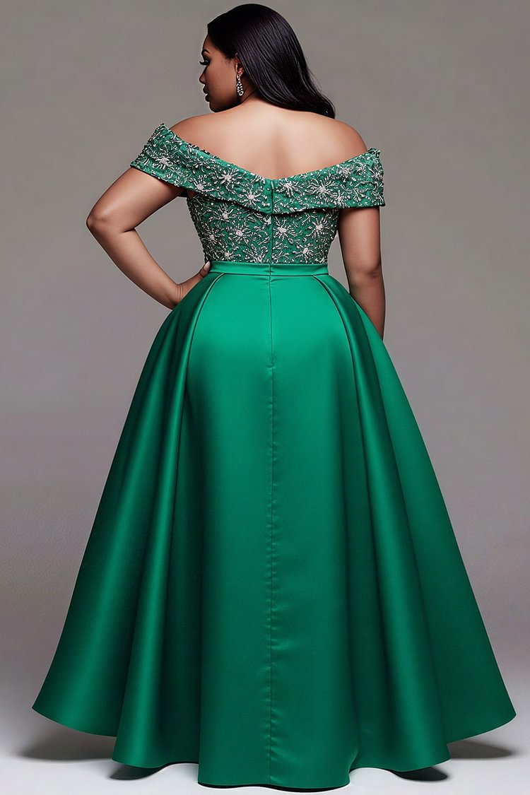 Xpluswear Design Plus Size Formal Green Off The Shoulder Short Sleeve Split Elegant Satin Maxi Dresses