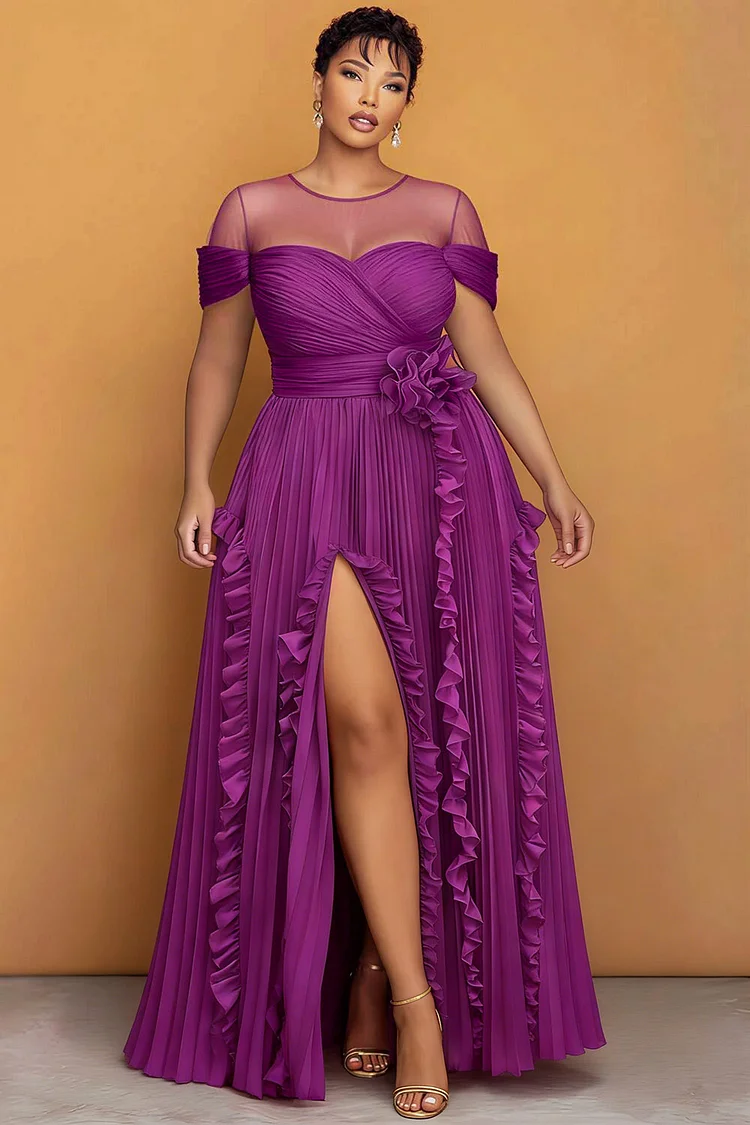 Xpluswear Design Plus Size Formal Purple Round Neck Short Sleeve Ruffle See Through Maxi Dresses [Pre-Order] 2024 - Xpluswear