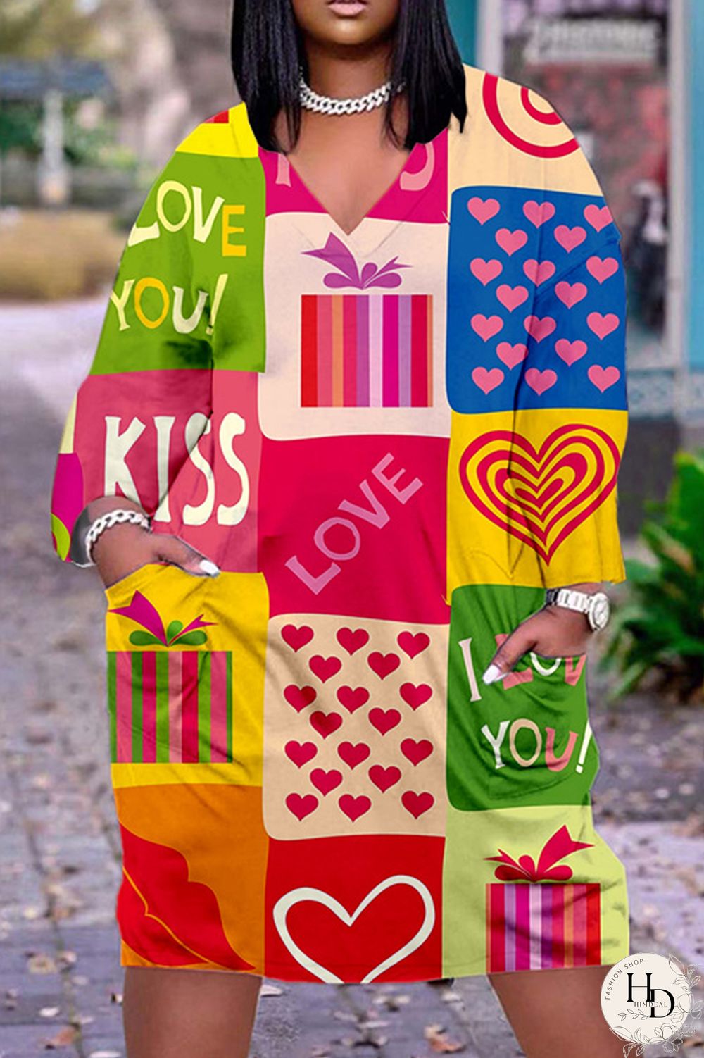 Deep Pink Casual Print Basic V Neck Long Sleeve Dresses