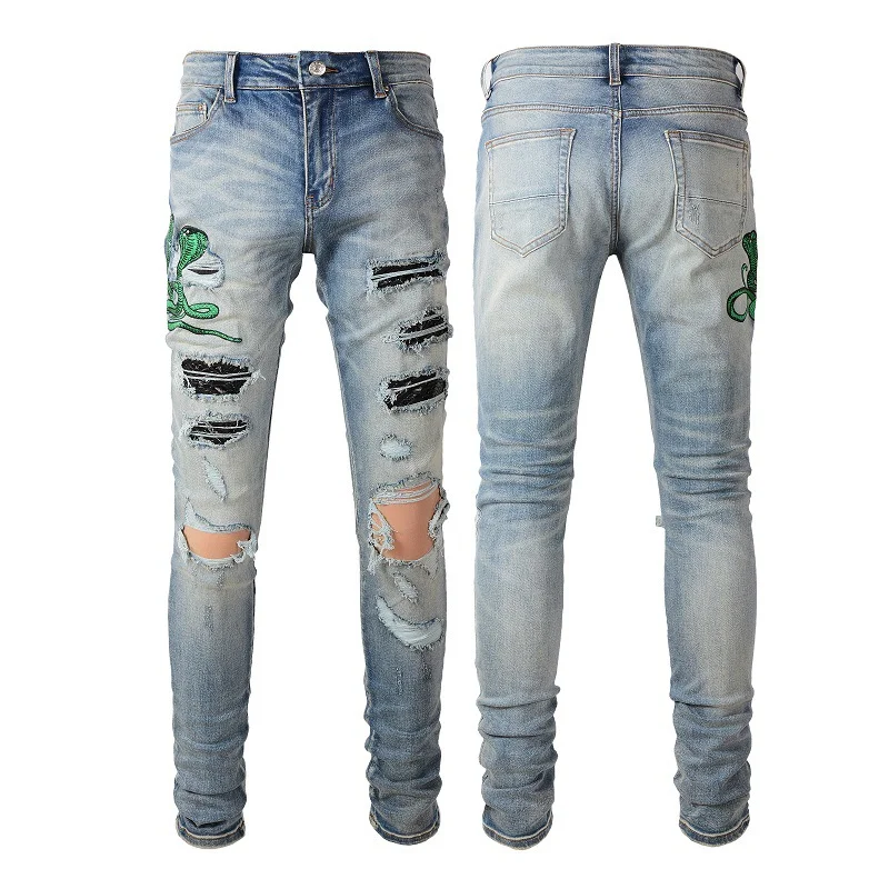Men's Embroidery Ripped Snakeskin Patch Jean Biker Skinny Jeans