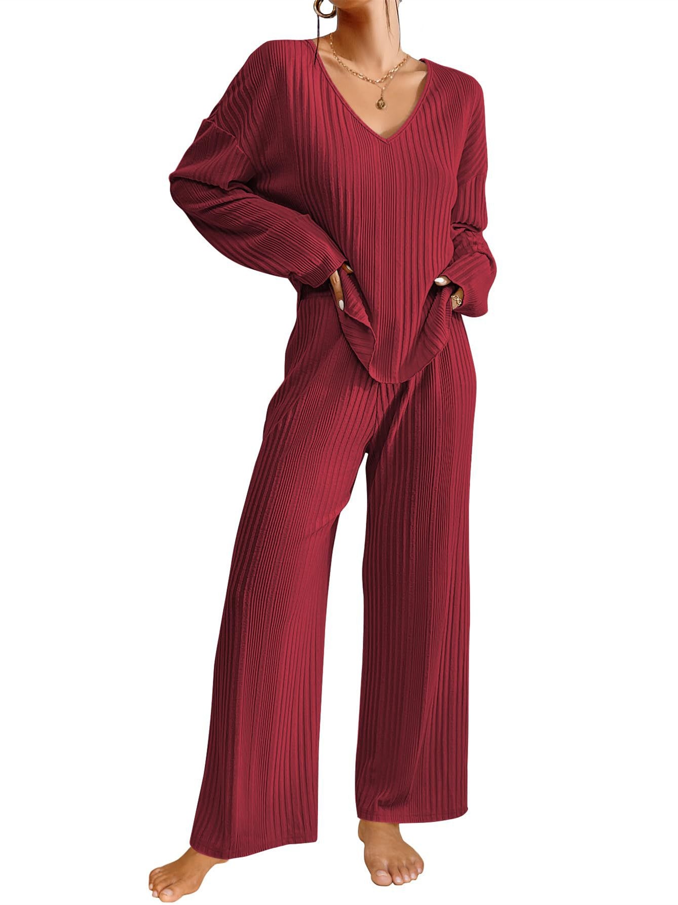 Women Half Sleeve V-neck Solid Color Dress