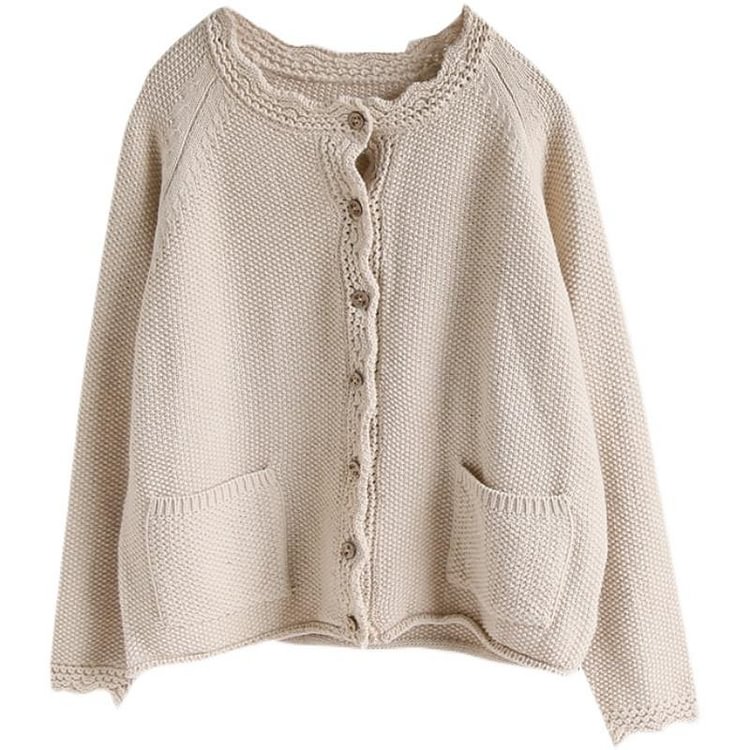 Queenfunky cottagecore style Cotton Solid Color Plain Cardigan QueenFunky