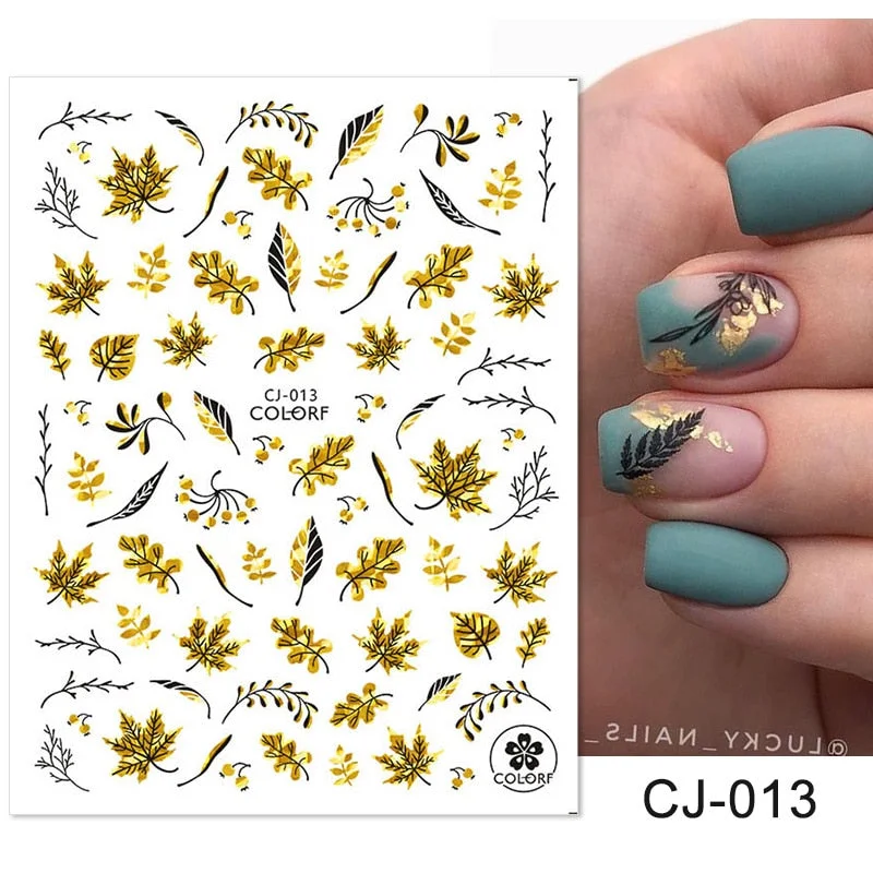 3D Black Gold Sparkly Maple Leaf Nail Stickers Flower Abtract Face Optical Maser Decals Autumn Nail Foils Decoration Accessories