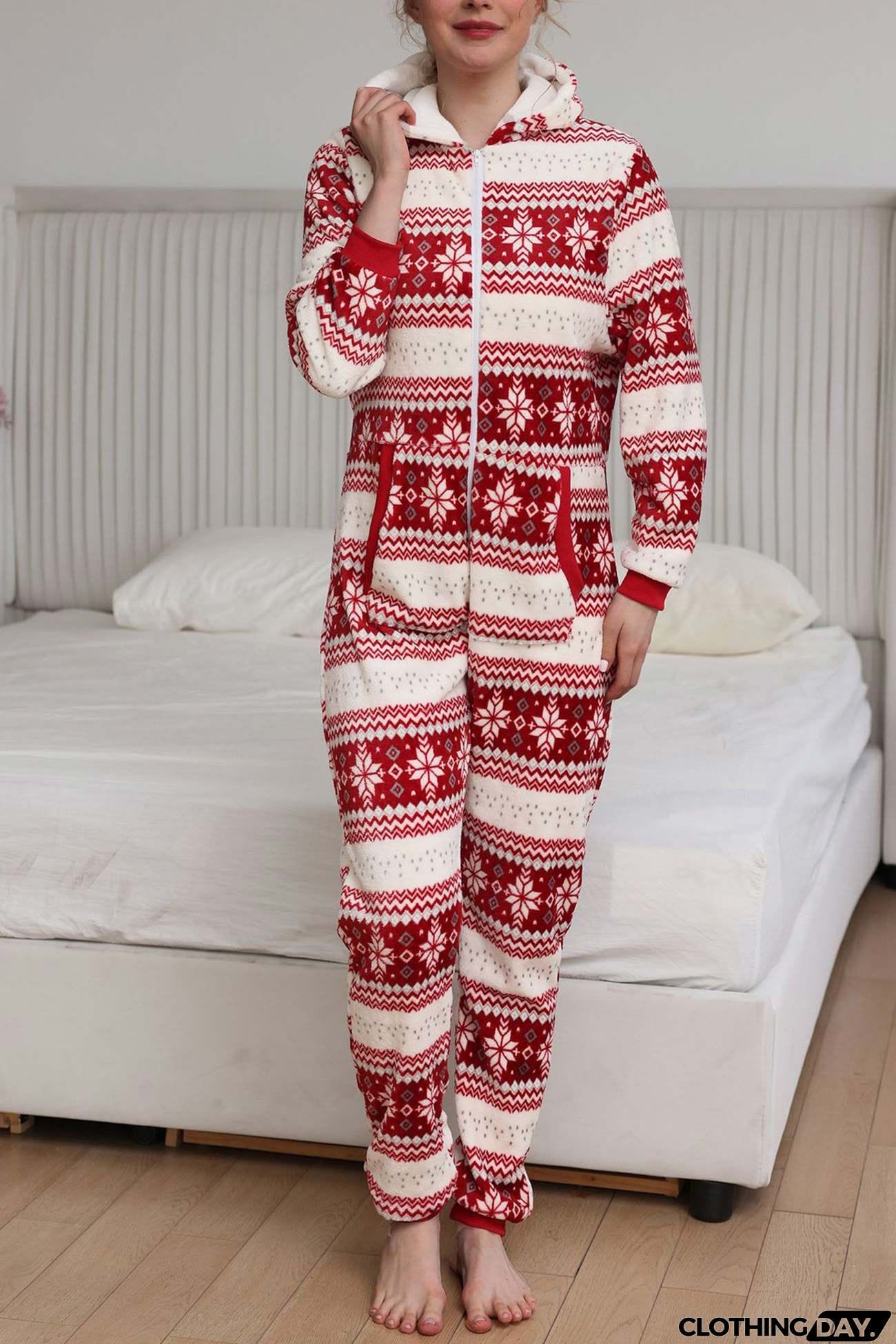 Christmas Printed Zipper Hooded Jumpsuits
