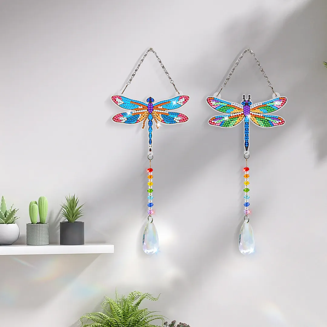 2Pcs Dragonfly DIY Double-Sided Diamond Painting Hanging Kits Diamond Painting Suncatcher Craft Kit for Home Garden Wall Decor Gift