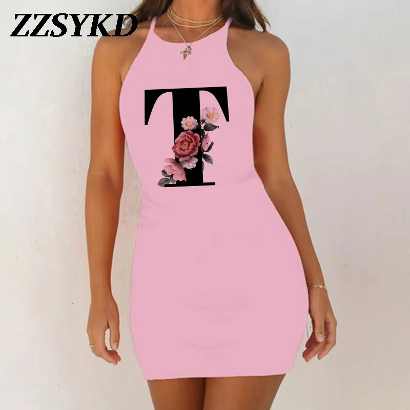 26 English Alphabet Print Summer Sexy Clothes Women Dresses 2020 Plus Size Dress Bodycon Evening Party O-Neck Pink Mini Vestidos