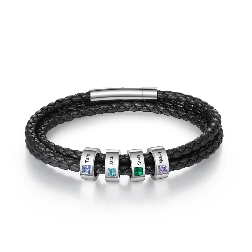 Personalisierte Herren Leder Armband 4 Perlen mit Geburtssteinen Kettenmachen
