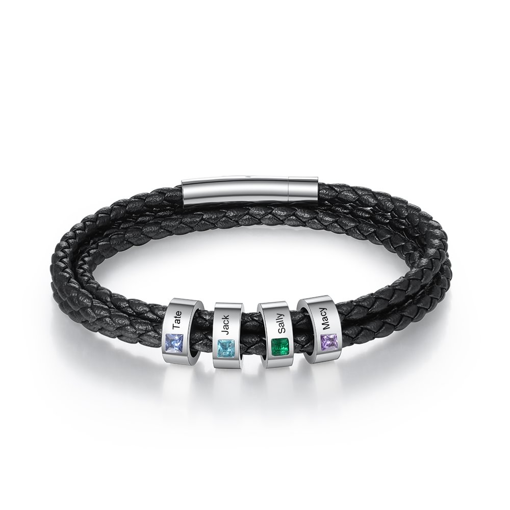 Personalisierte Herren Leder Armband 4 Perlen mit Geburtssteinen n4-b4 Kettenmachen