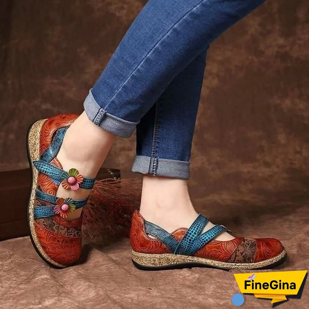 Vintage Floral Genuine Leather Splicing Colored Stitching Hook Loop Flat Shoes Spring Summer Casual Women Flat Shoes（2styles）