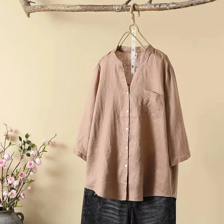 Women's V-Neck Mid-Sleeve Solid Single Breasted Cotton Linen Shirt Blouse