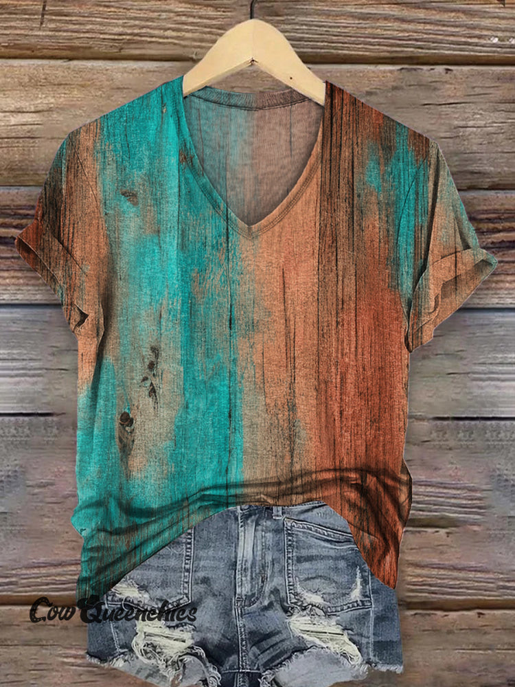 Vintage Floral Art Print Short Sleeve V-neck Casual T-Shirt Multicolor / S