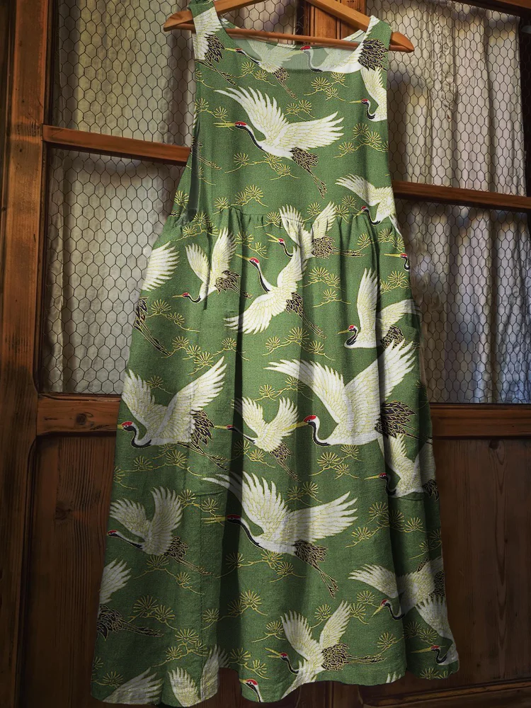 Cranes & Pine Trees Japanese Pattern Linen Blend Pinafore Dress