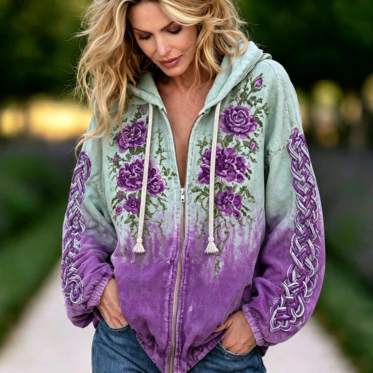 Comstylish Women's Vintage Purple Rose And Celtic Knot Art Pattern Comfortable Warm Zip-up Hoodie