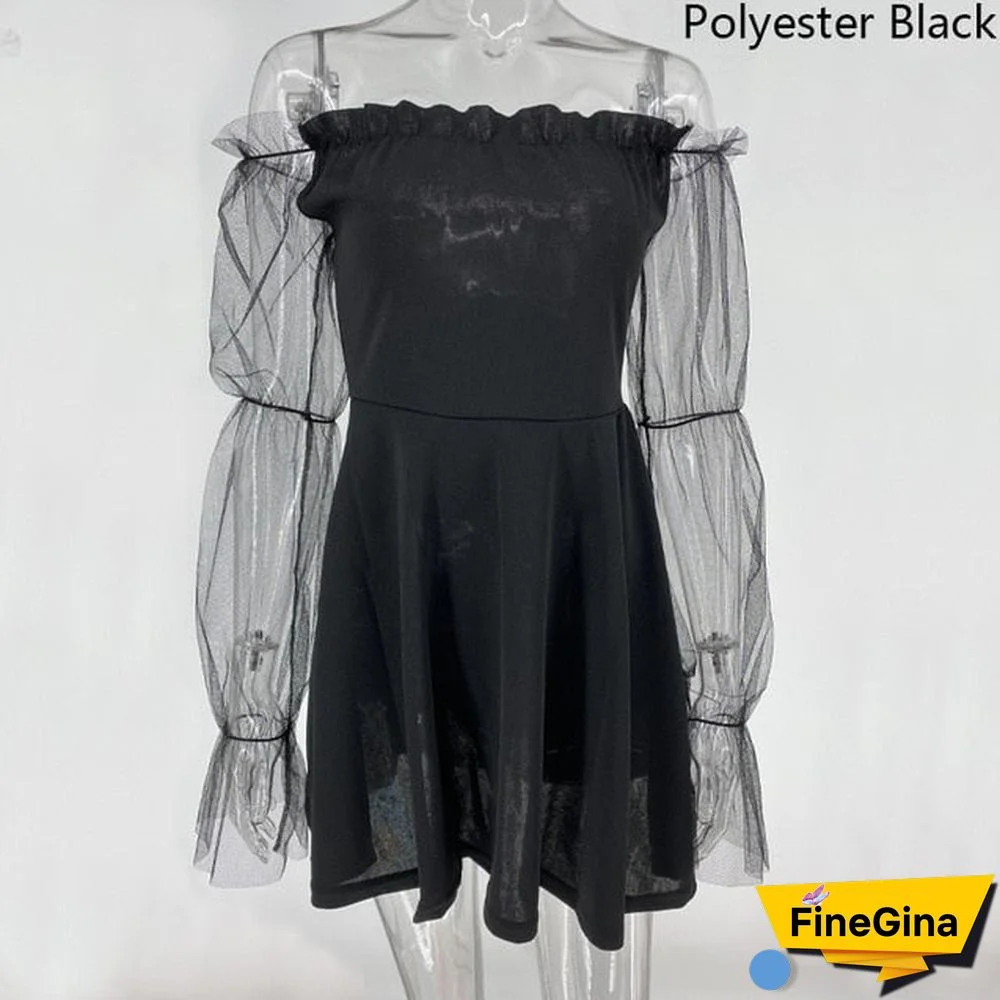 Sexy Dress Vintage Off Shoulder Lantern Sleeve Mesh Patchwork Velvet Mini Dress Dark Street Black Dress for Female