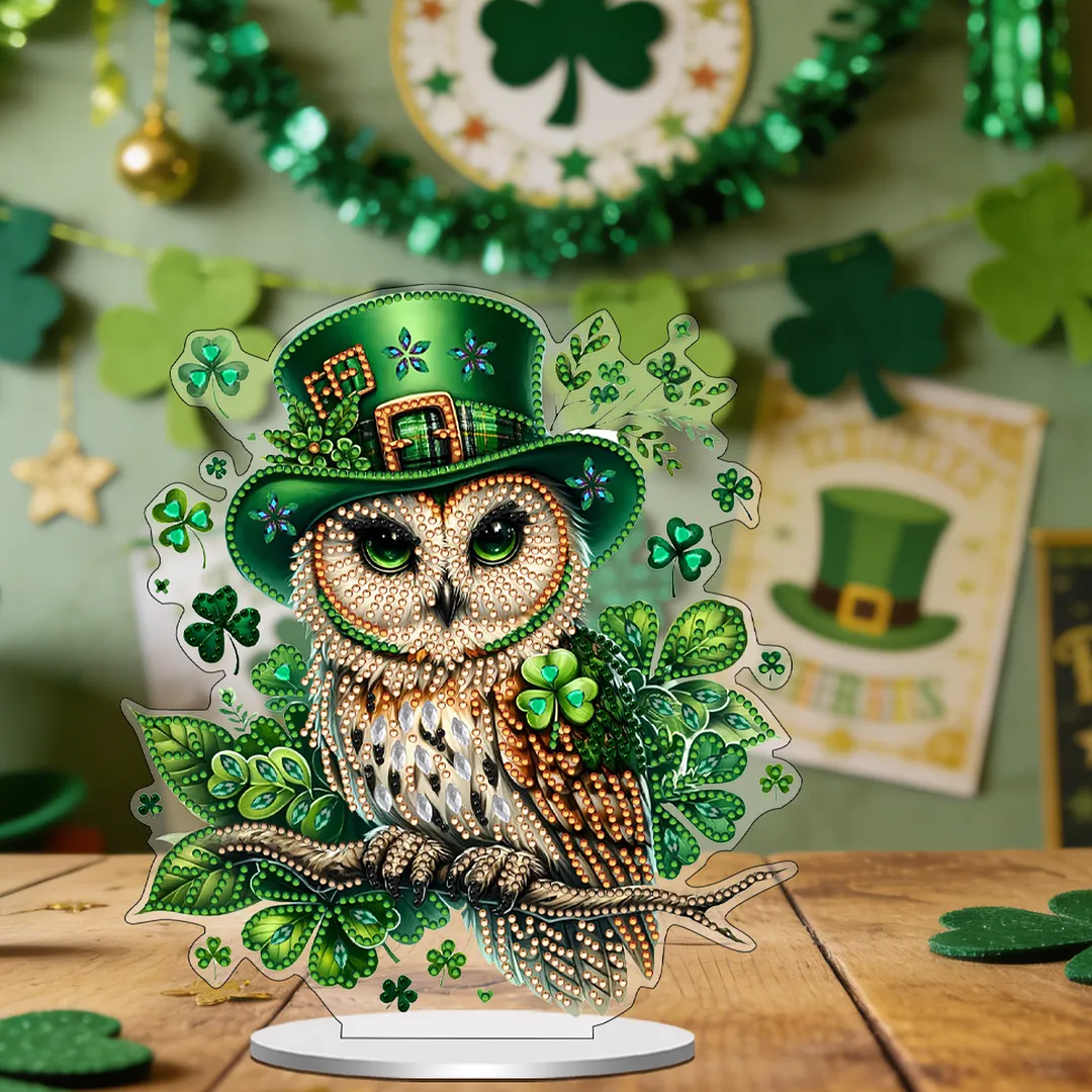 2D Flat DIY St Patricks Day Owl Diamond Painting Tabletop Ornaments Kit Special Shape Crystal Art Craft Decoration Single Side Drill for Living Room Home Office