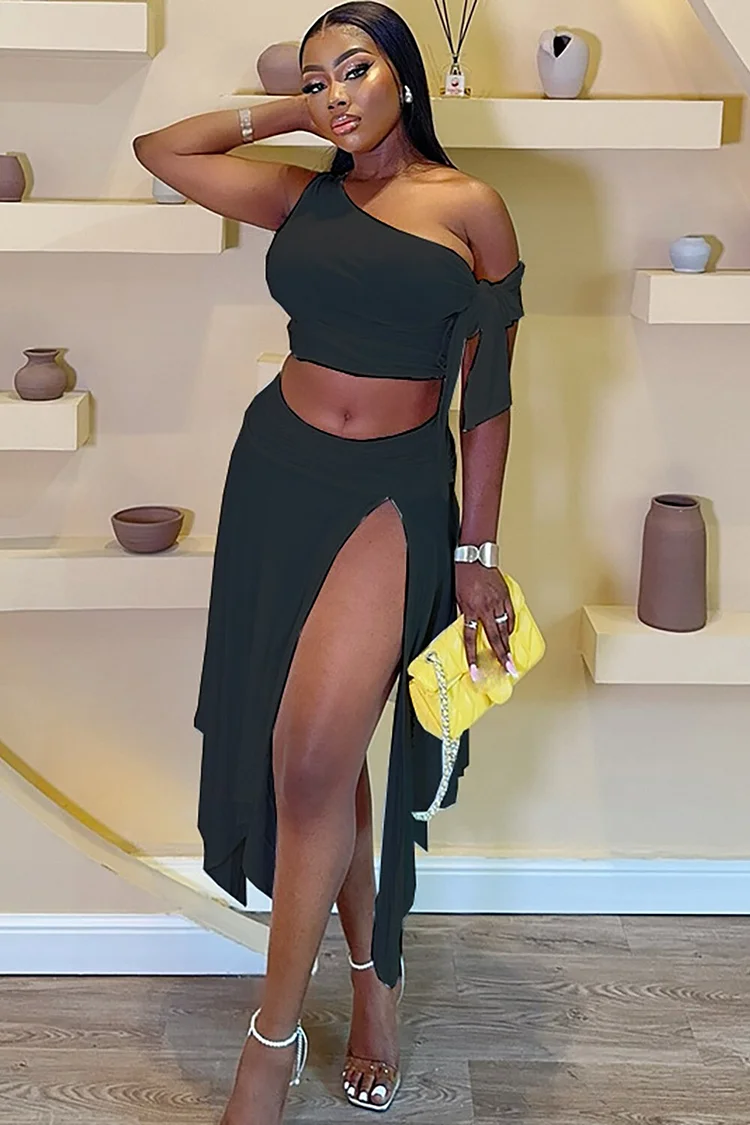 One Shoulder Tie Up Sleeveless Crop Top High Slit Midi Skirt 2pcs Set-White