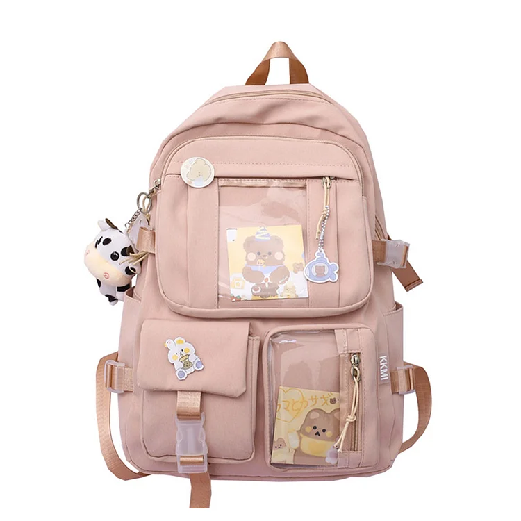 Women Preppy Style Patchwork Clear Backapck Students Large Rucksack (Pink)