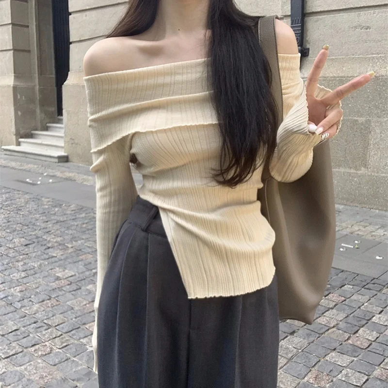 Elegant Slash Neck Sweaters Women Irregular Split Knitted Jumpers Korean Slit Solid Basic Slim Pullovers Autumn Knitwear