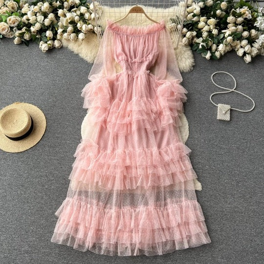 Aiertu summer outfits inspo French Style High-Grade Ruffled Mesh Cake Dress Women's Waist Slimming Temperament off-Shoulder Super Fairy Long Skirt aiertu