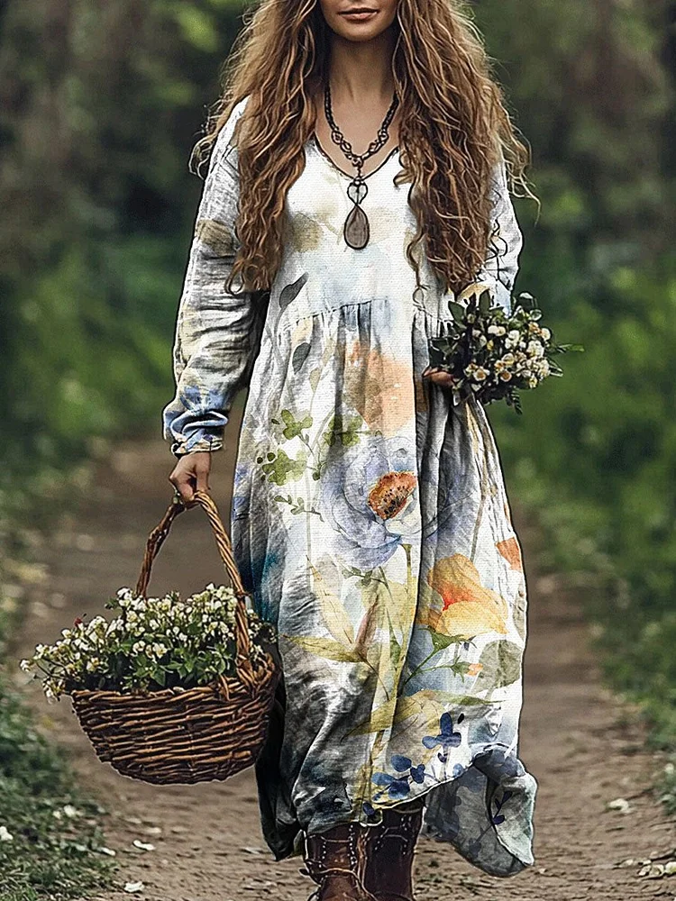 Women's Vintage Watercolor Floral Pattern Art Print Pocket Cotton V Neck Long Sleeve Dress