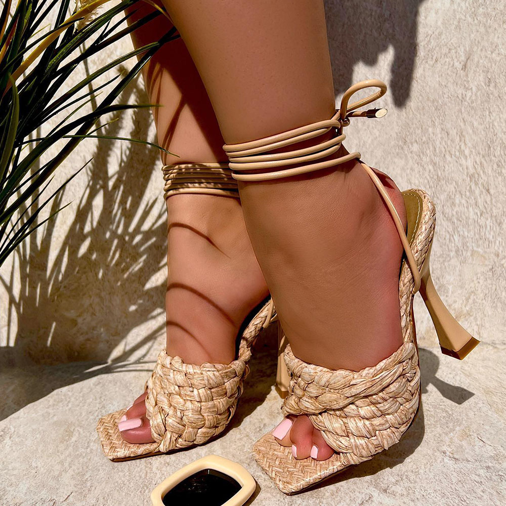 Beige Square Toe 4'' Flared Heel Lace Up Sandals Nicepairs