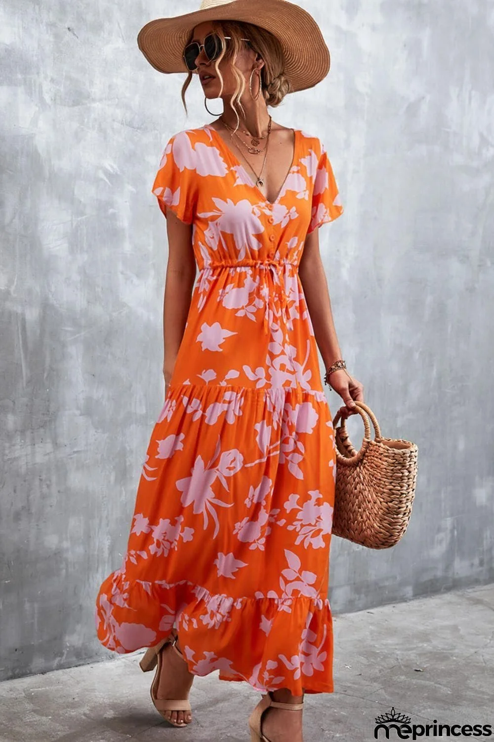 Floral Buttoned Drawstring Waist Tiered Dress