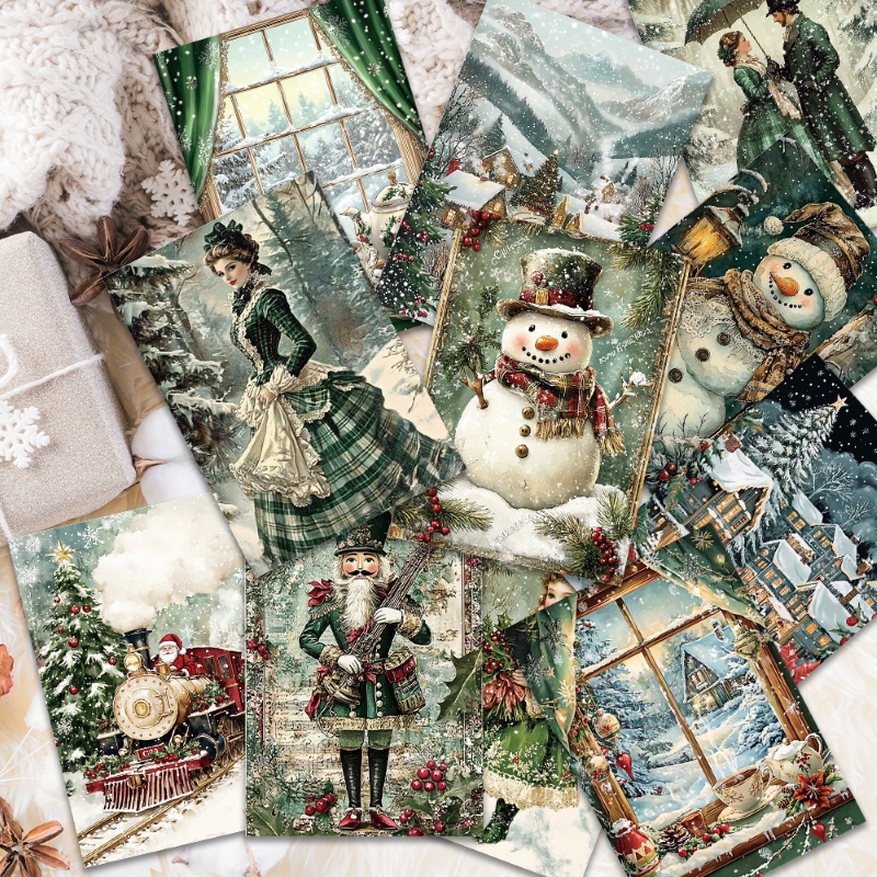 Tegooe 32PCS Vintage Christmas Postcards Set - Green Retro Holiday Collection