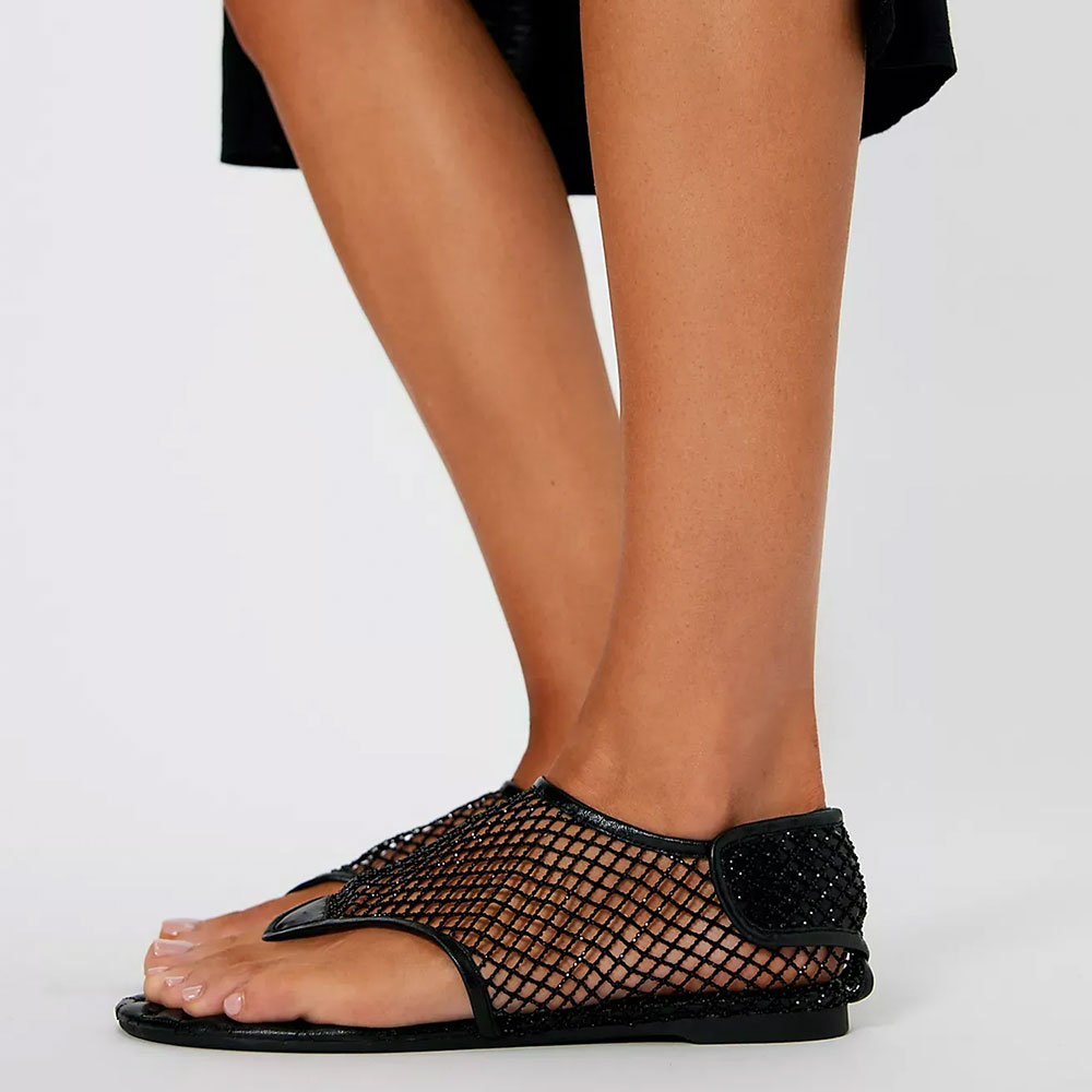 Black Mesh Open-Toe Rhinestone Flip-Flop Style Flat Sandals for Women Nicepairs