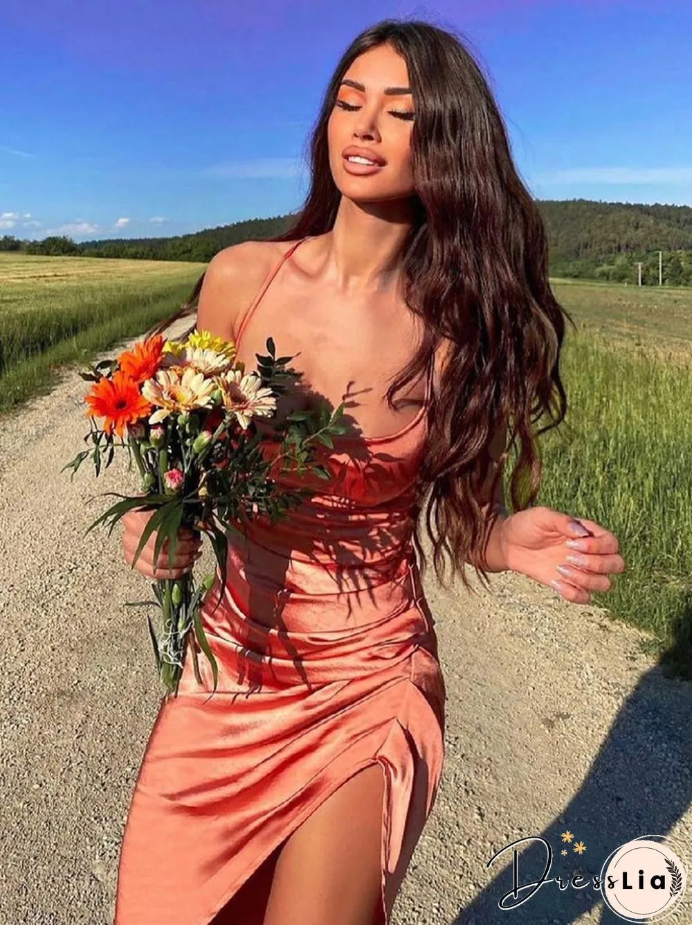 Maxi Dress Backless Lace Split Swinging Neck Ruched Asymmetrical Slip Robe Femme Sexy