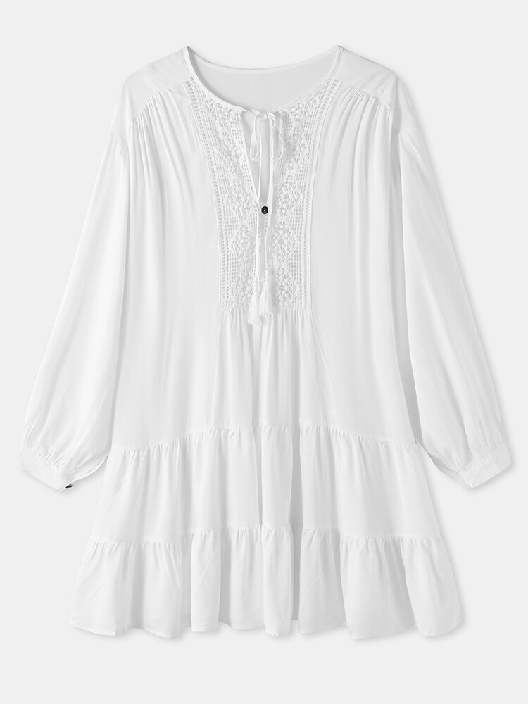 Holiday Solid Color V neck Kontted Long Sleeve Button Hollow Blouse P1855683