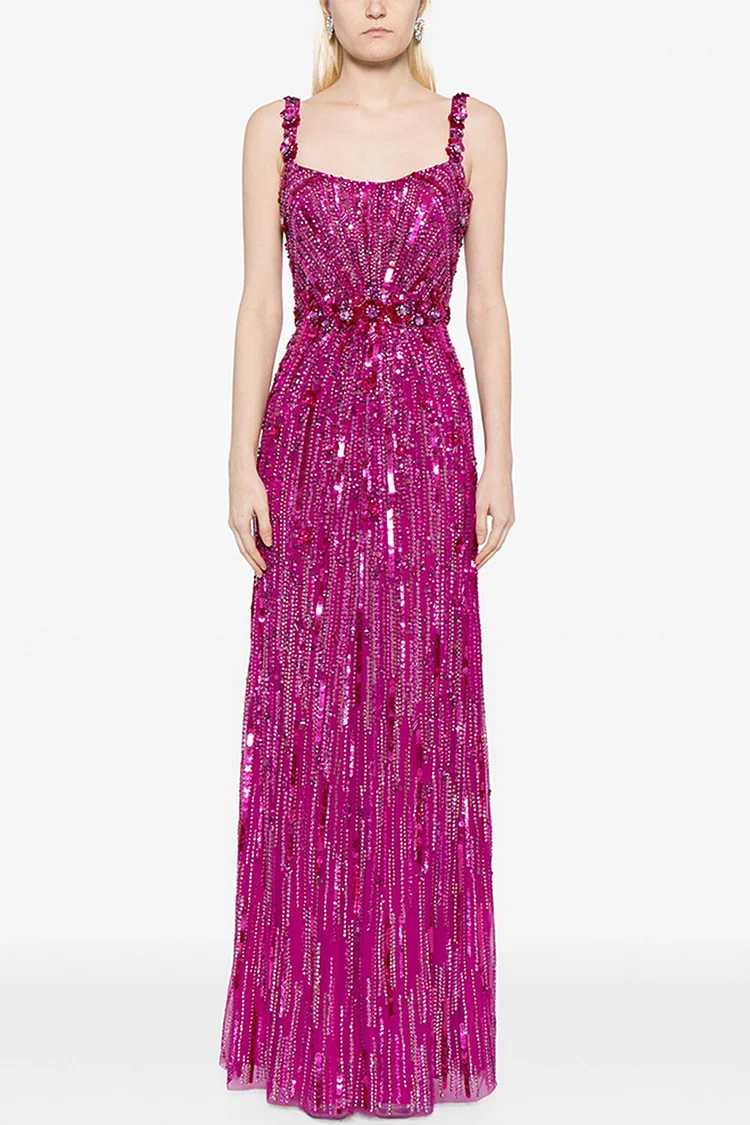 Floral Sequin Mesh Sleeveless Maxi Dress-Fuchsia