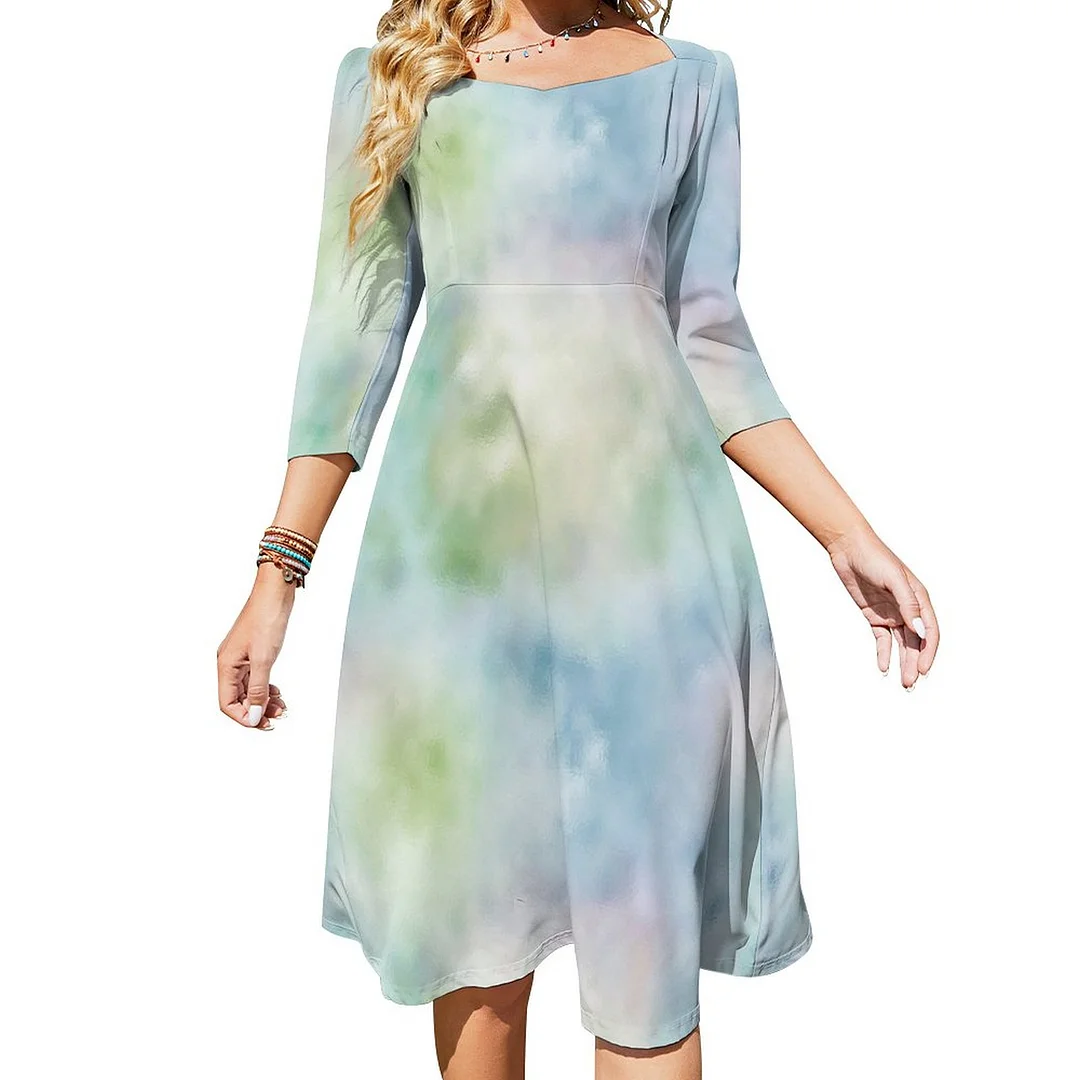Aqua Blue Mint Dress Sweetheart Tie Back Flared 3/4 Sleeve Midi Dresses