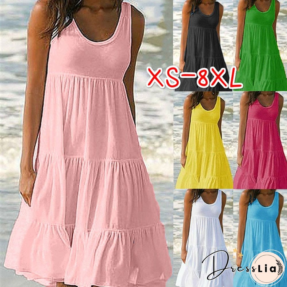 Summer Dresses Plus Size Fashion Clothes Women's Casual Tank Tops Party Beach Wear Loose Dresses Solid Color A-line Skirt Cotton Round Neck Off Shoulder Dress Ladies Pleated Halter Mini Dress Sleeveless Dresses
