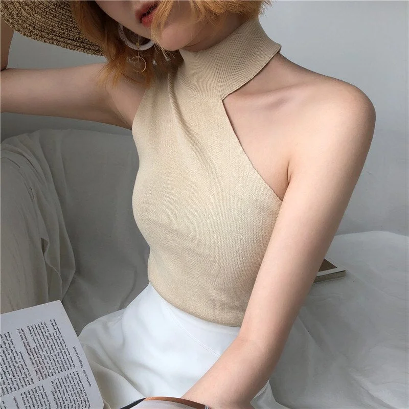 Knitted Sweater Off Shoulder Pullovers Sweater for Women Sleeveless Turtleneck Female Jumper Black White Beige  Clothing