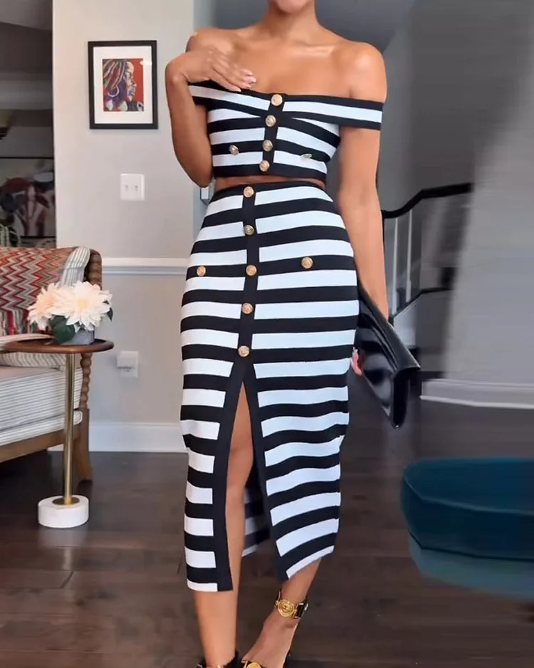 Off-shoulder striped print two-piece suit