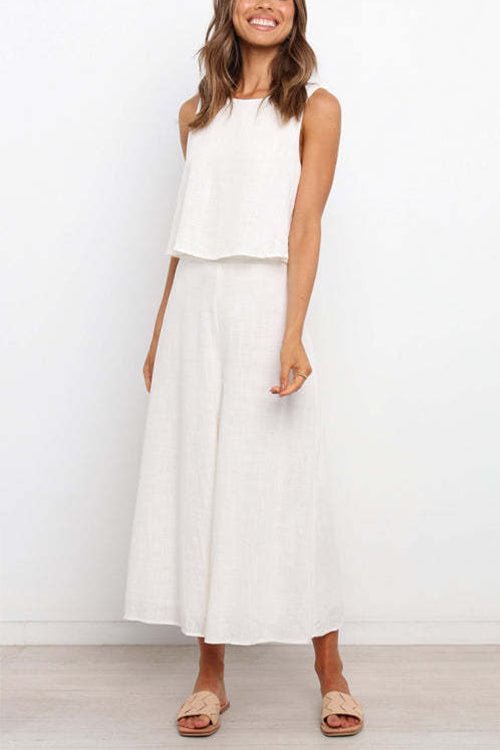 Crewneck Sleeveless Top and Wide Leg Pants Solid Set