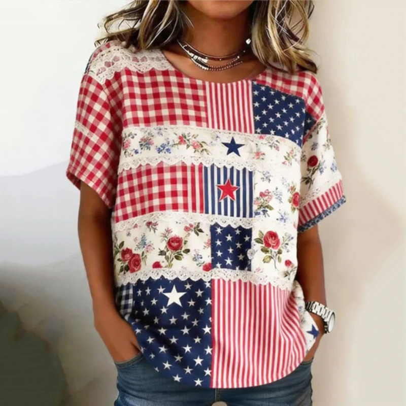 Comstylish Women's American Flag Floral Patchwork Art Print Casual Linen Blend T-shirt