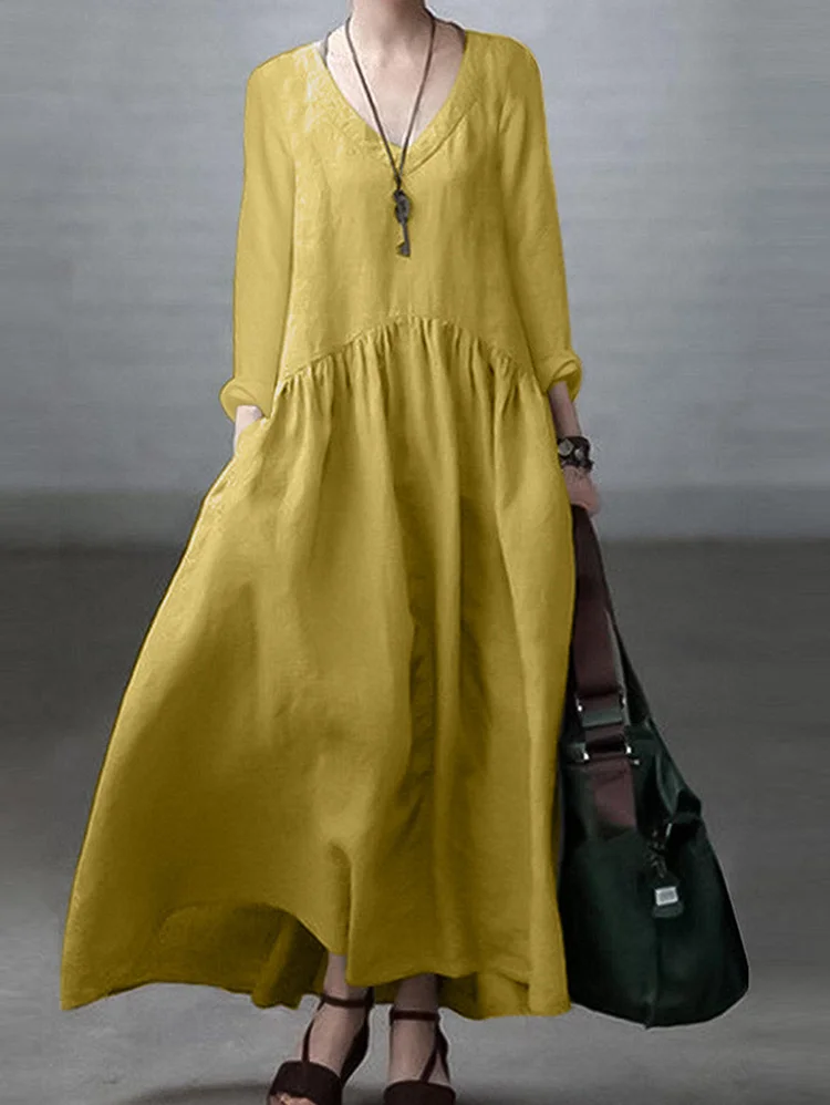 Casual Solid V Neck Long Sleeve Pocket Maxi Dress