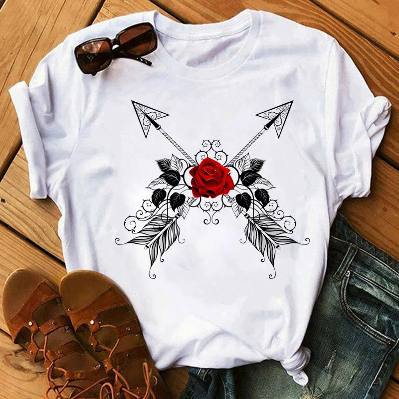 New Fashion Women Black T Shirt Red Rose Musical Note Printed T Shirt Harajuku Cute Graphic Tee Shirt Female Ladies Casual Tops