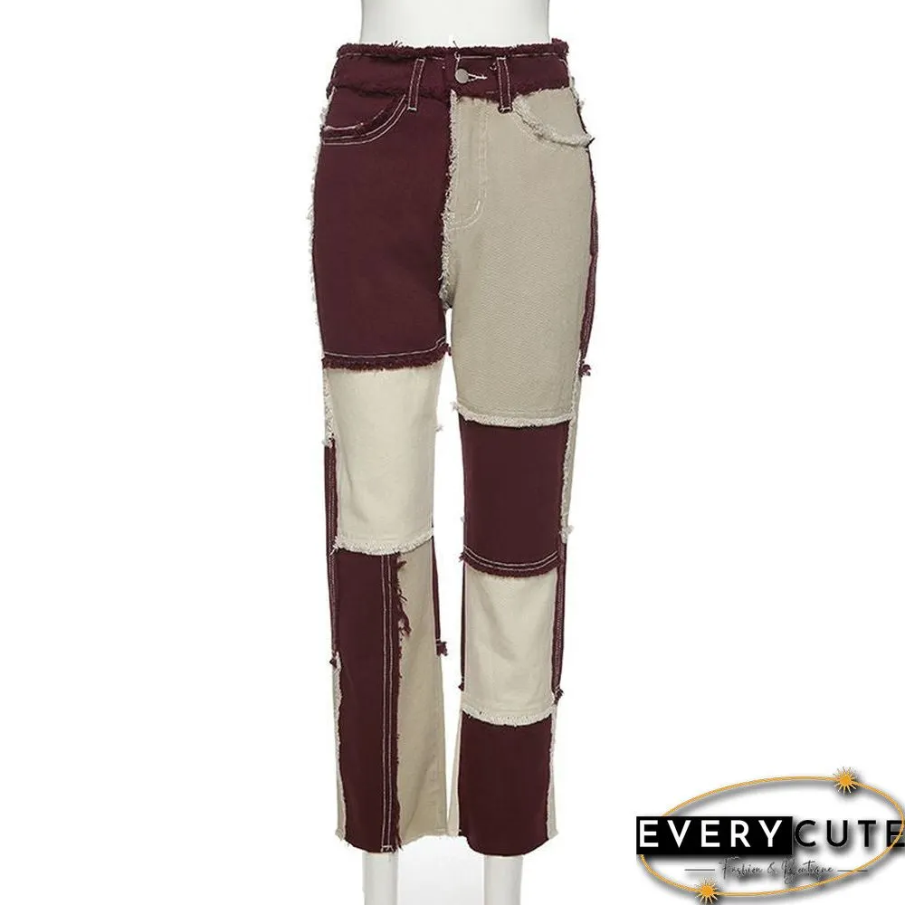 Patchwork Stitch Color Block Slim Fit Straight Leg Jeans Ripped Denim Pants