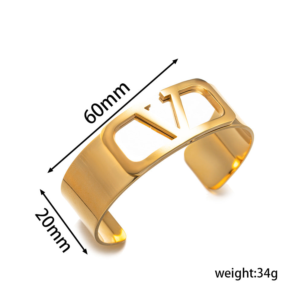 Wide Titanium Steel Bracelet C-Shaped Opening Size Adjustable Letters Simple And Stylish Design
