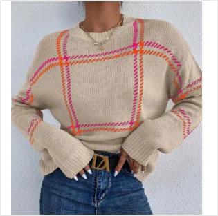 Athvotar Athvotar Autumn And Winter New Lattice Color Collar Sweater Women Casual Long-Sleeved Round Collar Collar Knitted Shirt
