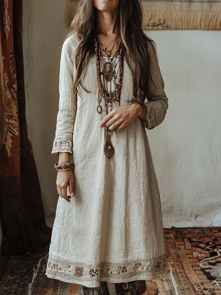 Utbros Vintage Floral Embroidered Linen Blend Midi Dress